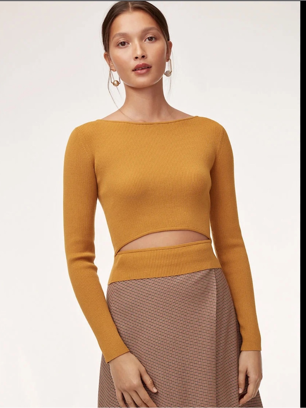 Wilfred Aritzia Ribbed Long Sleeve Cutout Crop Top Mustard Yellow XXS minimalist